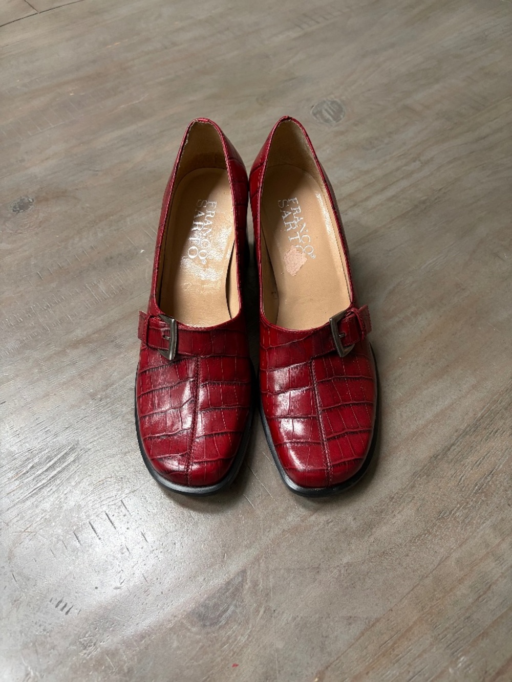 Franco Sarto Red, Croc Embossed Pumps with Block Heels.